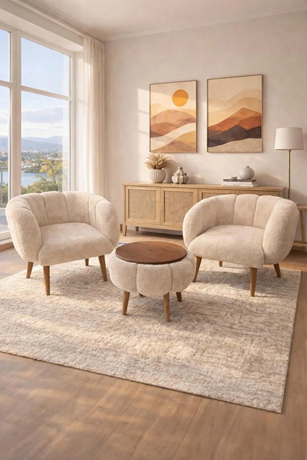 LOTUS Wellsoft Bej İkili Berjer Seti - ÖZEL SEHPALI (Salon,Balkon,Ofis)